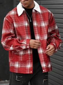 Manfinity Hypemode Loose Fit Men's Plaid Pattern Overcoat With Borg Collar And Flap Pockets - Red - View 5