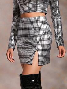 GENKIRA Váy xẻ tà in họa tiết kẻ sọc - Bạc - Xem 5