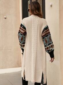 SHEIN LUNE Geo Pattern Drop Shoulder Duster Cardigan,Long Sleeve Tops In Fall/Winter - Khaki - View 2