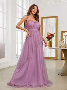 SHEIN Belle Ruffle Trim Mesh Formal Dress - Purple - View 4