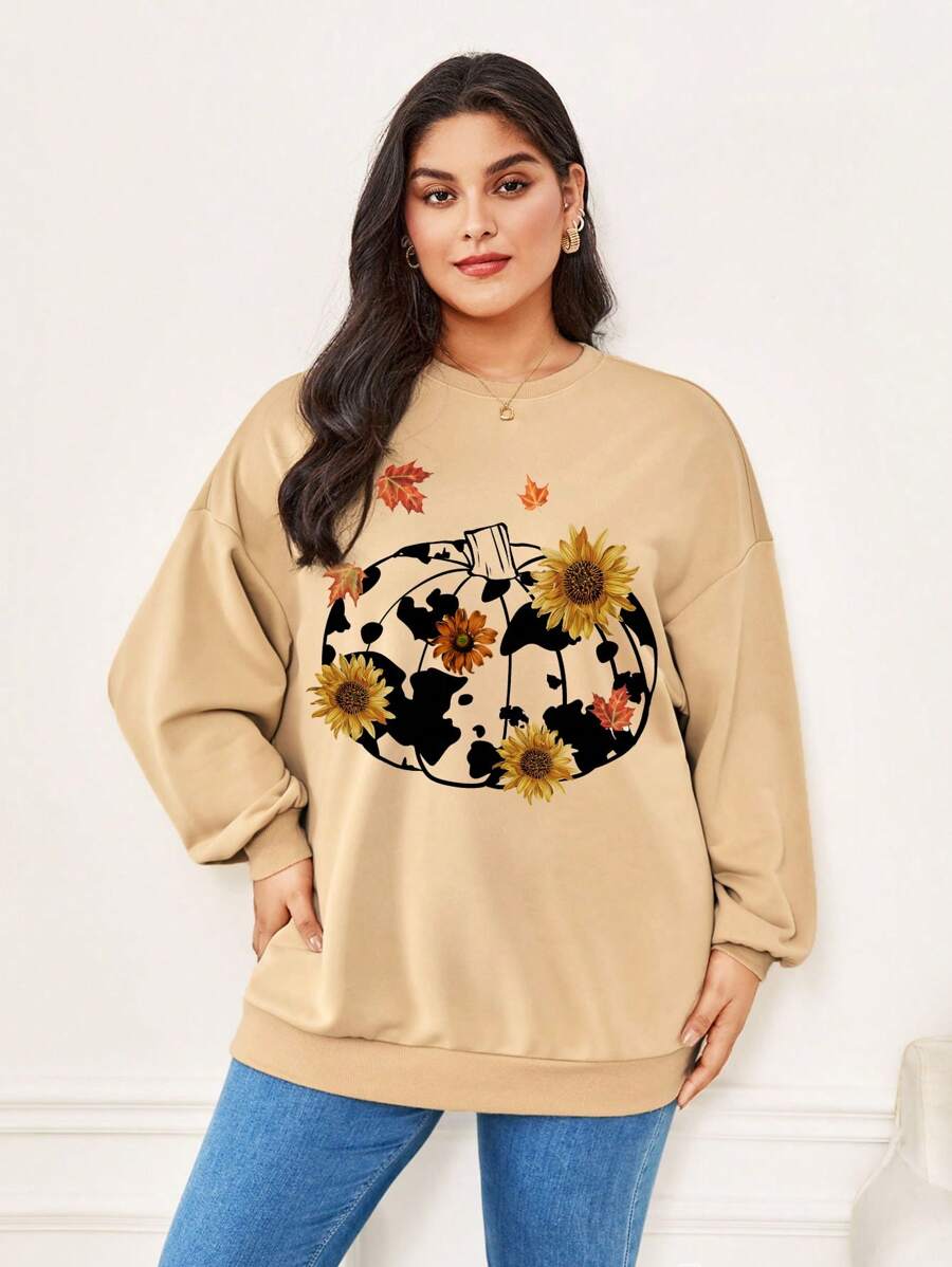 SHEIN LUNE 大码休闲简约卡通印花女式运动衫，适合秋冬季 - 卡其色 - 查看 1