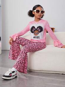 女大童字母人物圖案喇叭袖T恤和豹紋喇叭褲 - 彩色 - 查看 6