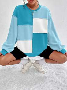 SHEIN Unity Colorblock Top-stitching Drop Shoulder Sweatshirt - Blue - View 6