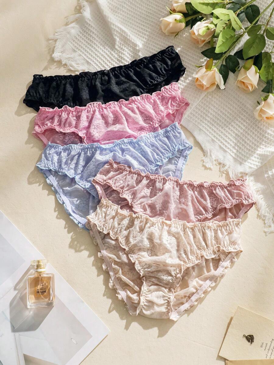 Shein Underwear&Sleepwear Basics 5pack Lettuce Trim Floral Lace Brief