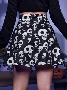 Corpse Bride | ROMWE 骷髏印花半身裙 - 黑與白 - 查看 2
