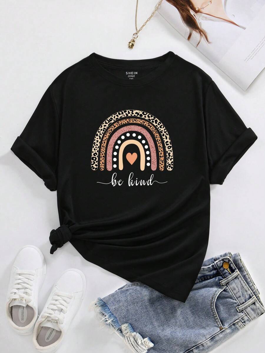 INAWLY 大碼標語和心形印花T恤 - 黑色 - 查看 1