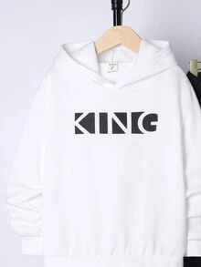 SHEIN Áo hoodie và quần thể thao họa tiết chữ Tween Boy - trắng - Xem 5