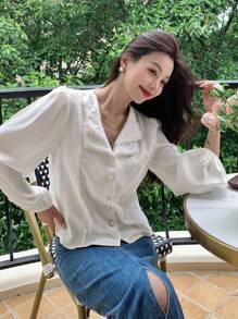 DAZY Pearls Beaded Lantern Sleeve Button Front Satin Blouse,Long Sleeve Tops,Fall Clothes - White - View 8