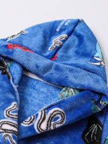 Young Boy Cartoon Embroidery Hooded Belted Flannel Robe - Blue - View 4
