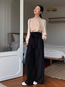 FRIFUL Paperbag Waist Wide Leg Suit Pants - Black - View 4