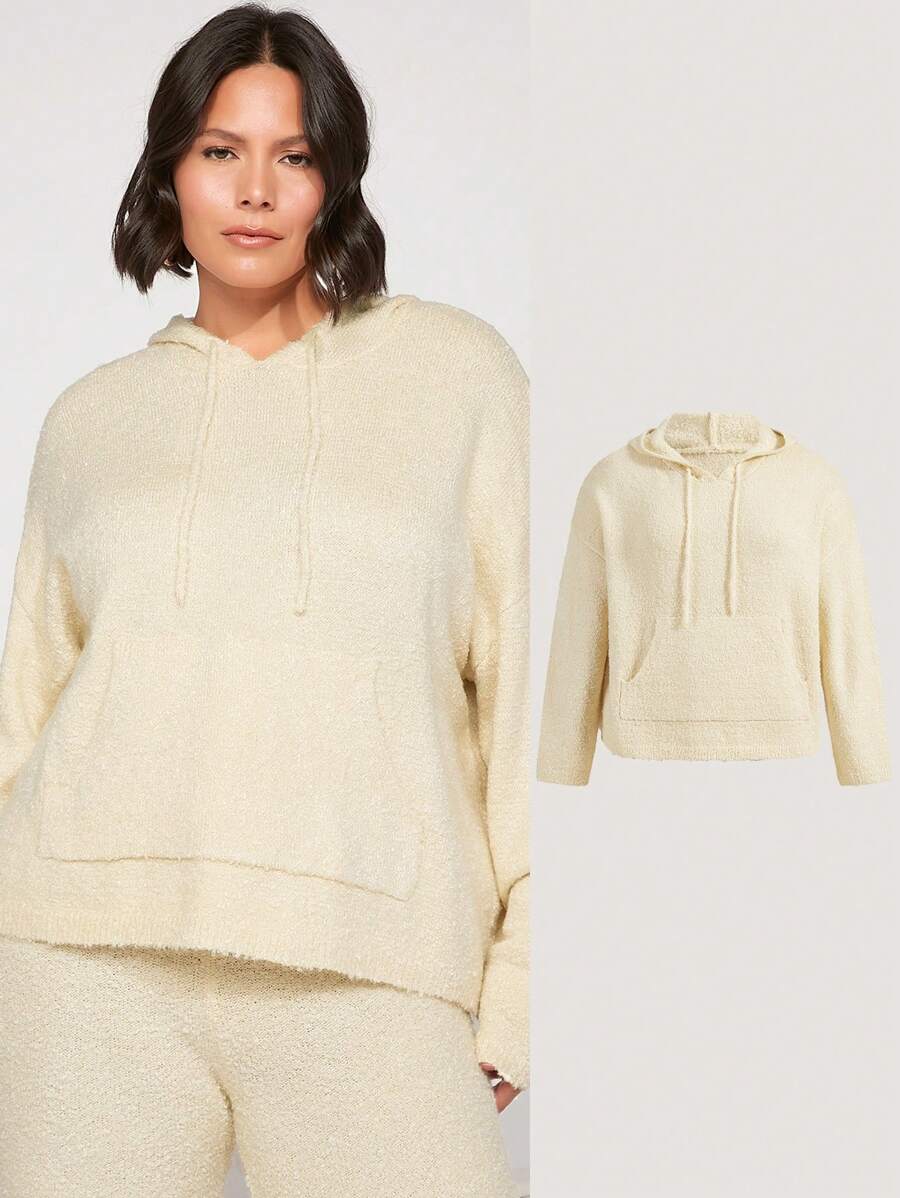 SHEIN BASICS 加袋鼠口袋落肩抽繩連帽毛衣 - 杏色 - 查看 1