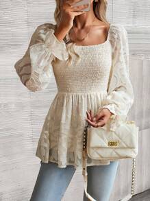 SHEIN Clasi 提花喇叭袖荷叶边衬衫荷叶边上衣女士秋季服装 - 杏色 - 查看 6