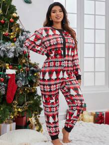 Talla grande Mameluco de dormir con estampado de Navidad con botón delantero - Rojo - Ver 4