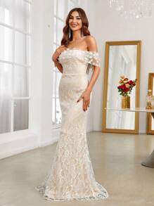 SHEIN Belle Off Shoulder Floor Length Wedding Dress - White - View 4