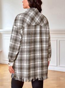 SHEIN Clasi Plus Plaid Print Drop Shoulder Raw Cut Overcoat Without Belt - Apricot - View 2