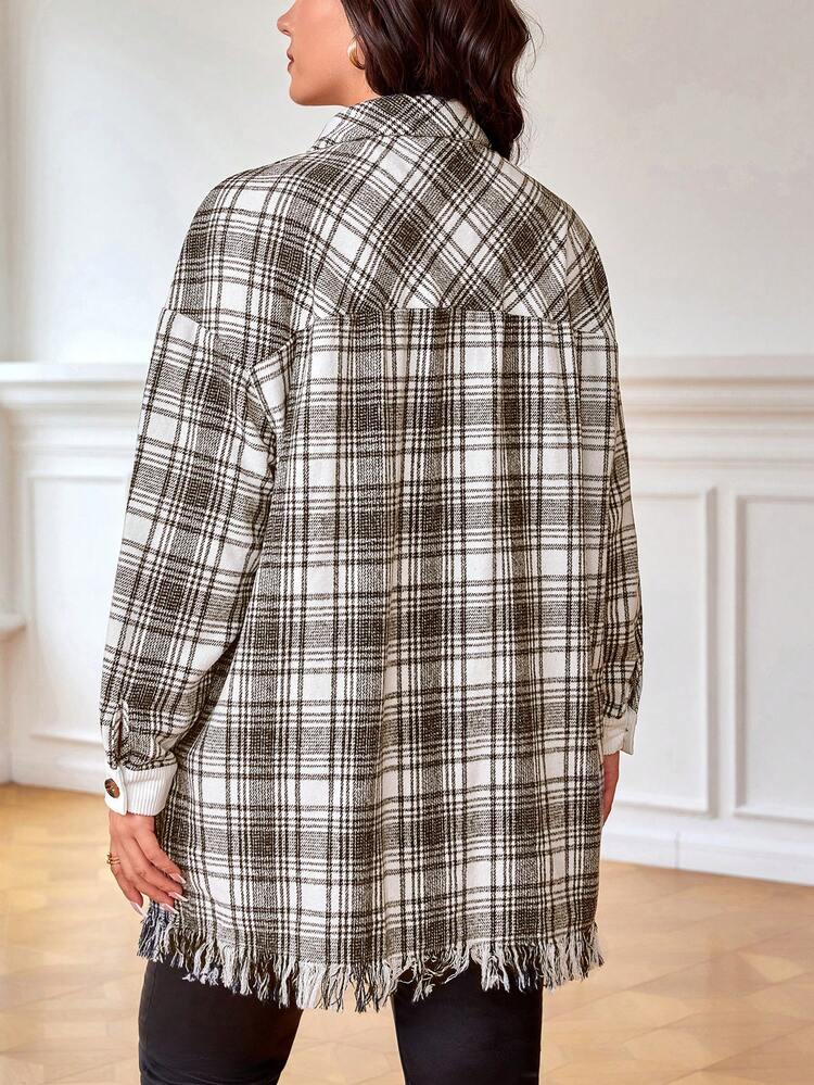 Plus Plaid Print Drop Shoulder Raw Cut Overcoat Without Belt