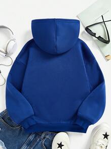 适合青少年女孩的休闲简约卡通图案卫衣，秋冬季穿着。 - 藍色 - 查看 2