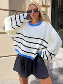 Striped Pattern Drop Shoulder Contrast Trim Sweater