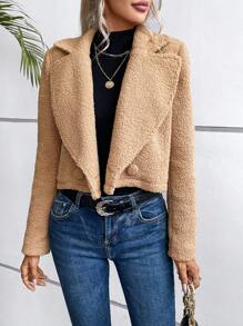 SHEIN LUNE Cổ áo Mở Mặt trước Áo khoác - Màu Khaki - Xem 3