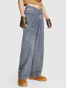 ROMWE MEN Grunge Punk Men Brushed Hollow Out Waist Straight Leg Jeans - Blue - View 5