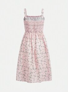 SHEIN 青少年女孩 小碎花印花繫帶前開衩大腿吊帶洋裝 - 淺粉色 - 查看 2