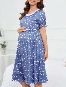 SHEIN Maternity Heart Print Lace Trim Puff Sleeve Ruffle Trim Nightdress - Multicolor - View 5