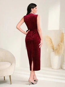 Modelyn Burgundy Red Fringe Trim Knot Side Velvet Dress - Burgundy - View 2