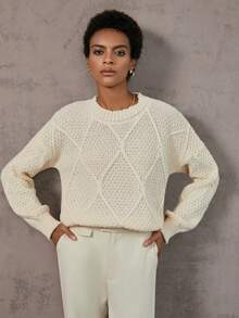 SHEIN LUNE 純色落肩毛衣 - 米色 - 查看 4