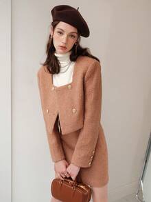 Solid Color Double-Breasted Square Collar Elegant Short Long Sleeve Jacket - Camel - View 5