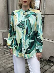 Flirla Talla grande Blusa con estampado de manga farol