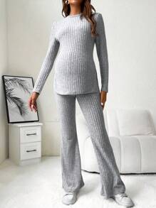 SHEIN Maternity Ribbed Knit Split Hem Tee & Adjustable Waist Flare Leg Pants - Grey - View 4