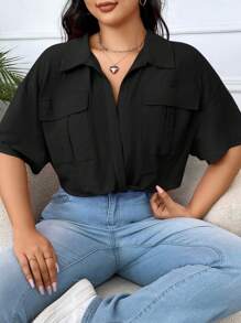 SHEIN EZwear Plus Flap Pocket Knot Hem Crop Blouse - Black - View 6