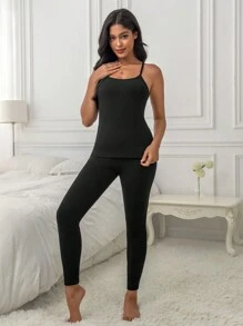 Butterfly Patched Cami Thermal Underwear Set - Black - View 5