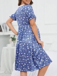 SHEIN Maternity Heart Print Lace Trim Puff Sleeve Ruffle Trim Nightdress - Multicolor - View 2