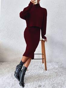 Chiquease Turtleneck Drop Shoulder Sweater & Knit Dress Fall Winter Cloth For Women - Burgundy - View 6