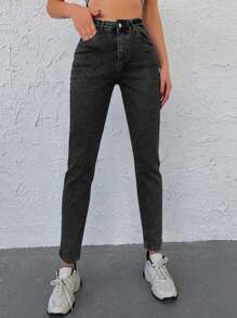 EURMUSE Quần Jeans Mom Fit Túi Xiên Trơn - màu đen - Xem 5