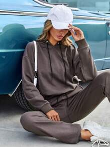 EURMUSE Drop Shoulder Drawstring Hoodie & Sweatpants - Brown - View 4