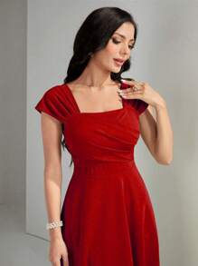 Modelyn Solid Square Neck A-Line Dress For New Year Clothes Maxi Women Outfit - Red - View 6