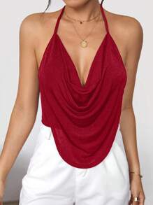 Firerie 前垂褶露背掛脖上衣 - 酒紅色 - 查看 3