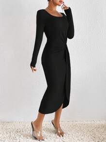 SHEIN Frenchy 前扭結條紋針織緊身洋裝 - 黑色 - 查看 5