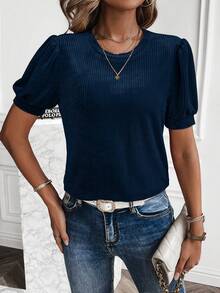 SHEIN LUNE 純色泡泡袖T恤 - 寶藍色 - 查看 6