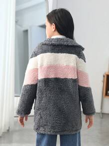 SHEIN Cô gái Tween Khối màu Túi Kép Cổ áo Áo khoác Teddy - Xám - Xem 2