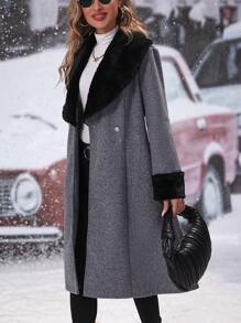 SHEIN Clasi Áo khoác cổ cúc đôi Borg - Màu Xám nhạt - Xem 6