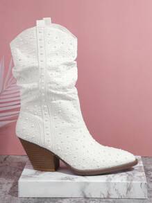 SHUZIA Pointy Toe Beaded Slip On Slouchy Boots - Beige - View 3