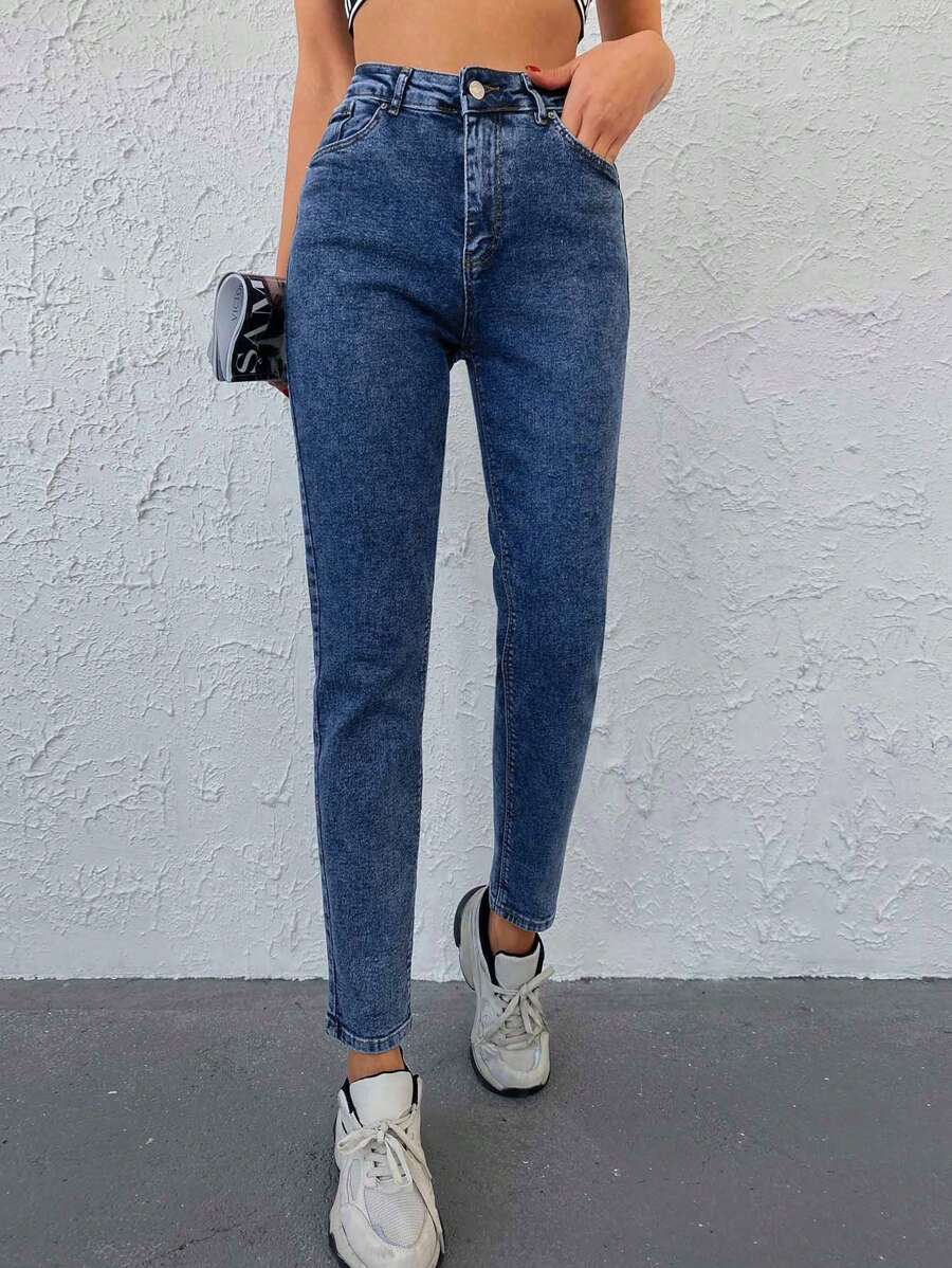 EURMUSE 98%Cotton Solid Slant Pocket Mom Fit Jeans - Blue - View 1