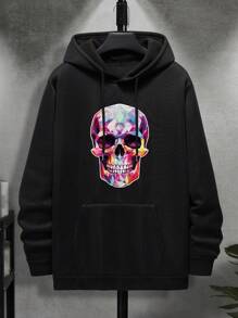 男士骷髅頭圖案袋鼠口袋抽繩加絨內裏連帽衫 - 黑色 - 查看 1