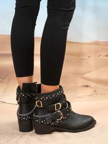Botas de moda con detalle de remaches y cadena de tacón medio para mujer con estilo punk - Negro - Ver 7