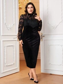 Modelyn Hơn Ren tương phản Viền rìa Cổ giả Nhung Váy bodycon - màu đen - Xem 1