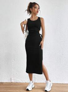 Muchica 鏤空開衩大腿洋裝 - 黑色 - 查看 4