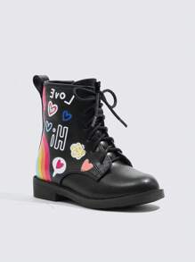 女孩公主靴子,平底學校鞋,黑色皮革短靴適用於小女孩 - 黑色 - 查看 10